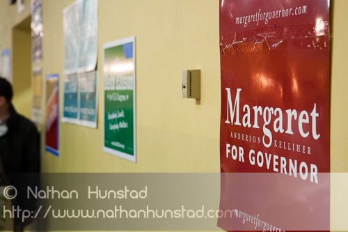 Campaign signs on the walls at the SD59 convention